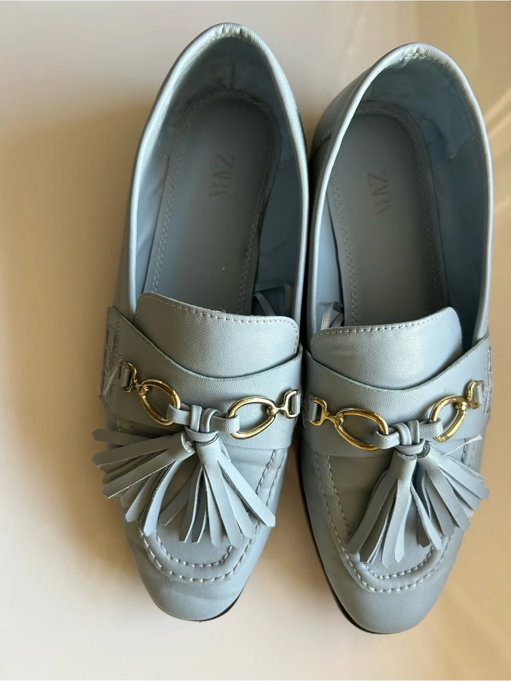 Zara Pale Blue Tassel Loafers with Gold Hardware - Women